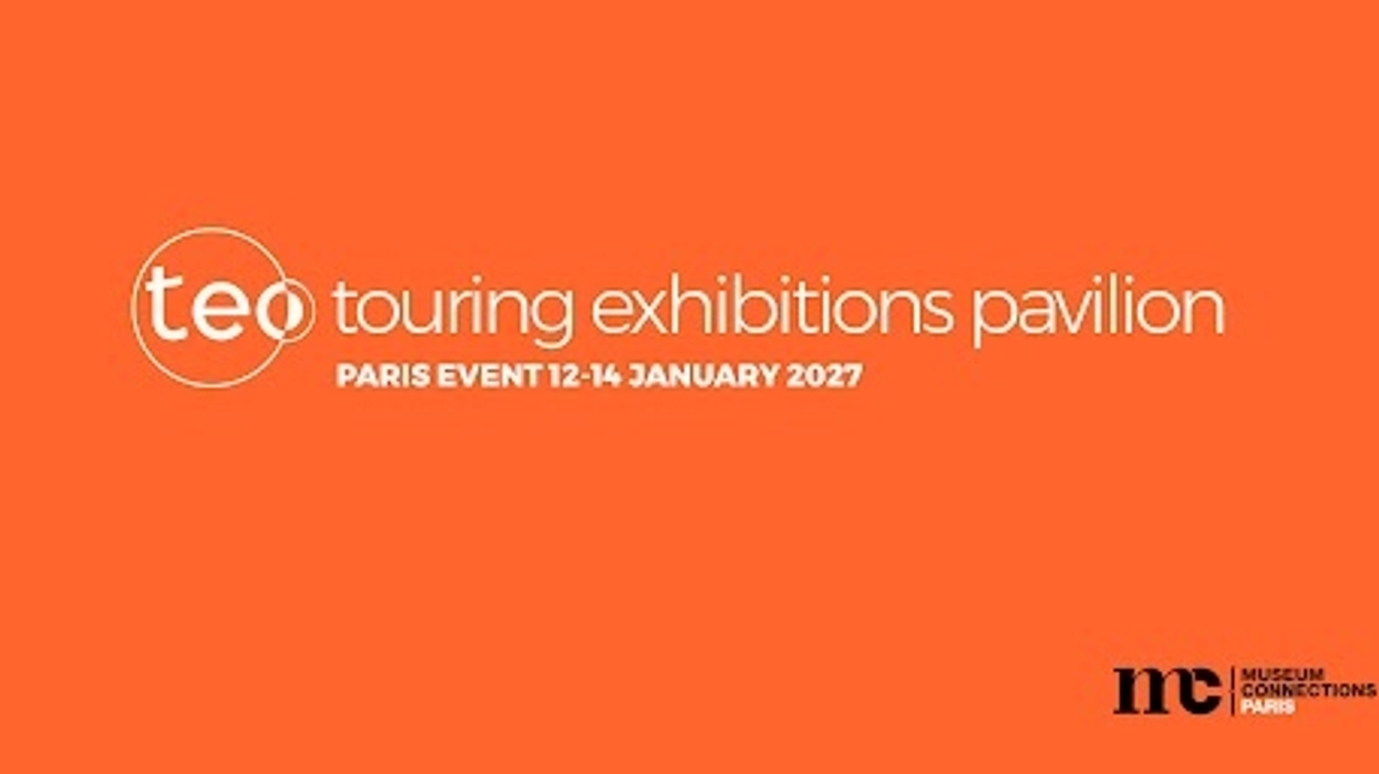 Teo Touring Exhibitions Pavilion, Paris, January 12-14, 2027, on orange background.