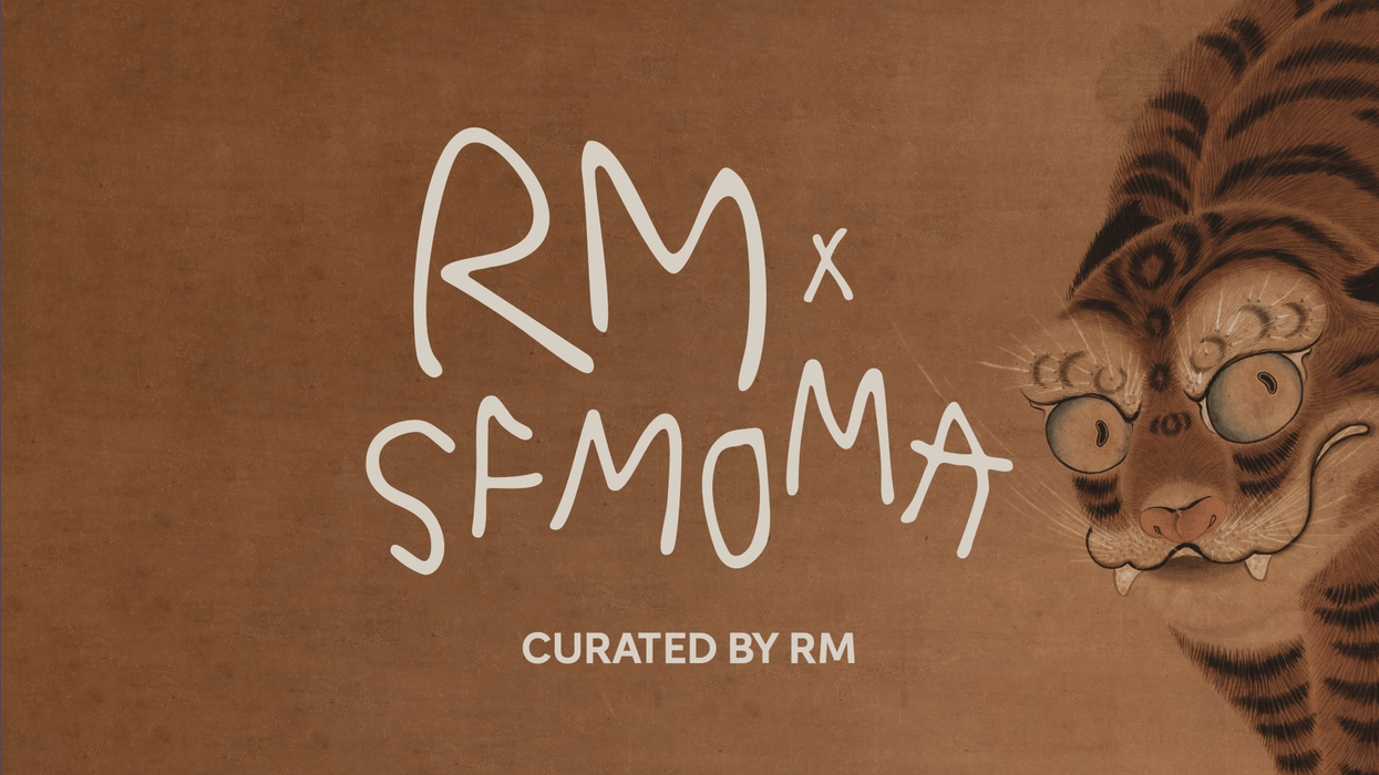 Text "RM x SFMOMA" with a surreal tiger illustration. Curated by RM.