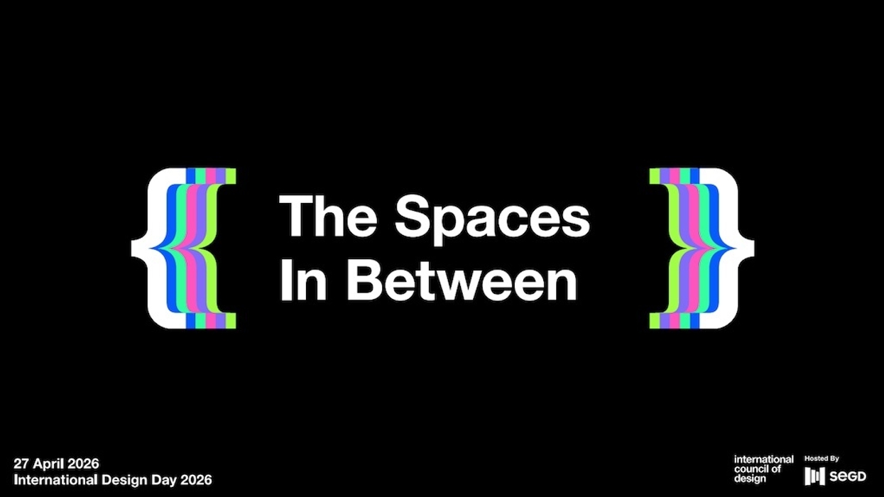 Text "The Spaces In Between," colorful brackets, black background, International Design Day 2026.