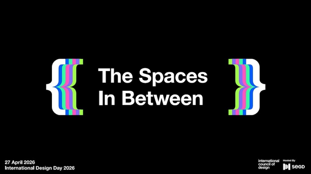 Text "The Spaces In Between," colorful brackets, black background, International Design Day 2026.