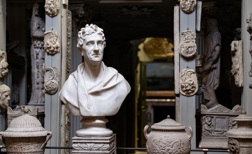 The bust of Sir John Soane, by the sculptor Francis Chantrey. Marble bust in an ornate gallery with various classical sculptures.