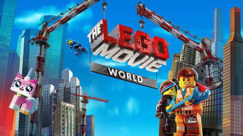 The Lego Movie World poster with Emmet, Wyldstyle and Unikitty