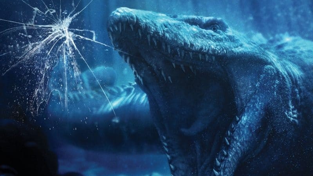 The magnificent aquatic Mosasaurus inside "Jurassic World--The Ride's" massive Aquarium Observatory Tank at Universal Studios Hollywood