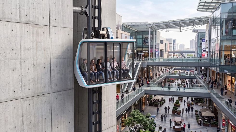 The PM360 carries passengers along a concrete wall above a busy, multi-level shopping mall.