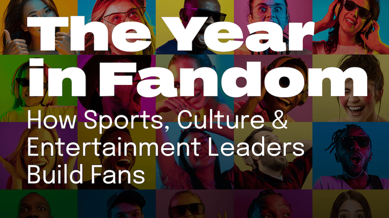 "The Year in Fandom text overlay on colorful collage of excited people's faces."