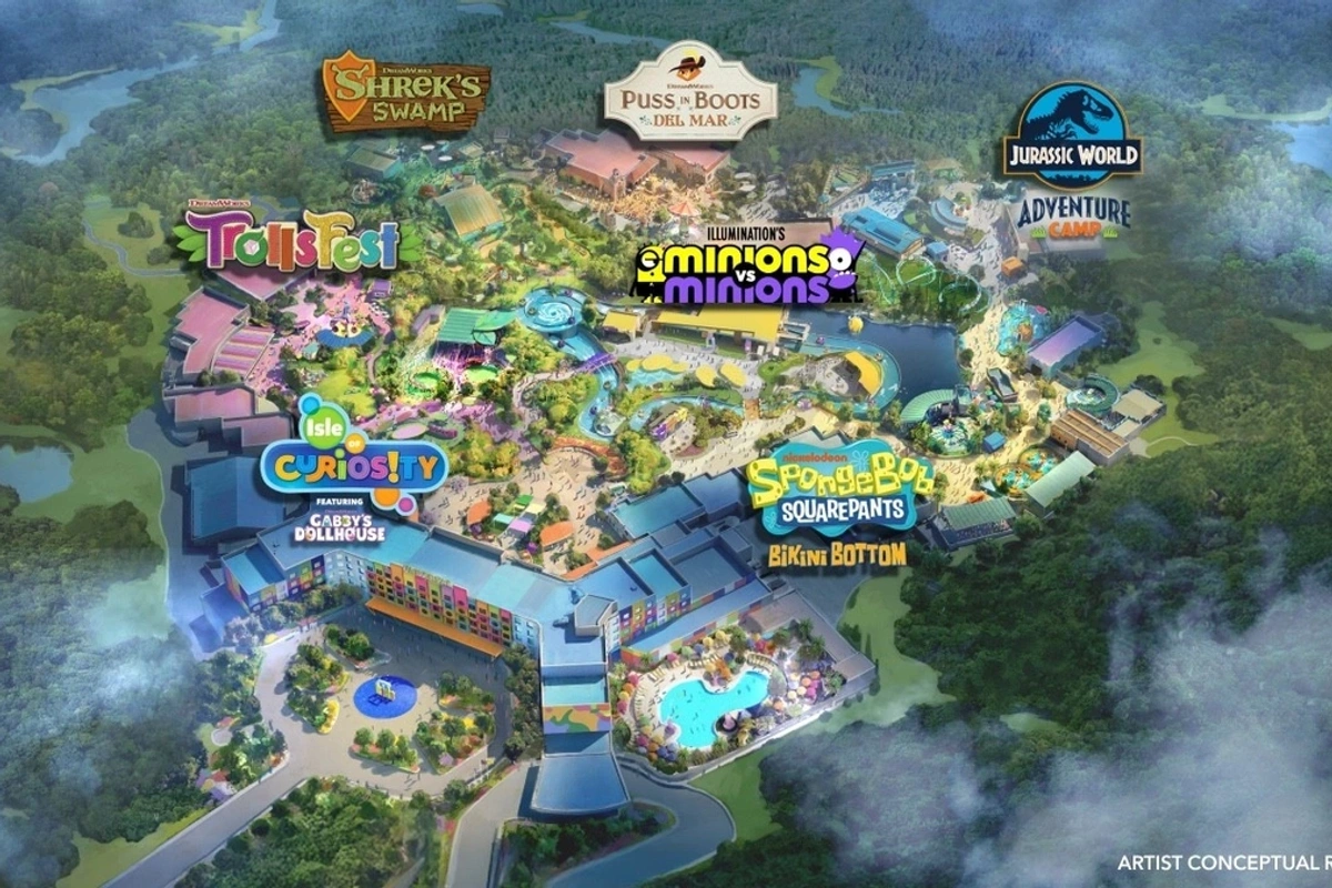 Theme park map for Universal Kids Resort with areas like Shrek's Swamp, Minions, and Jurassic World.