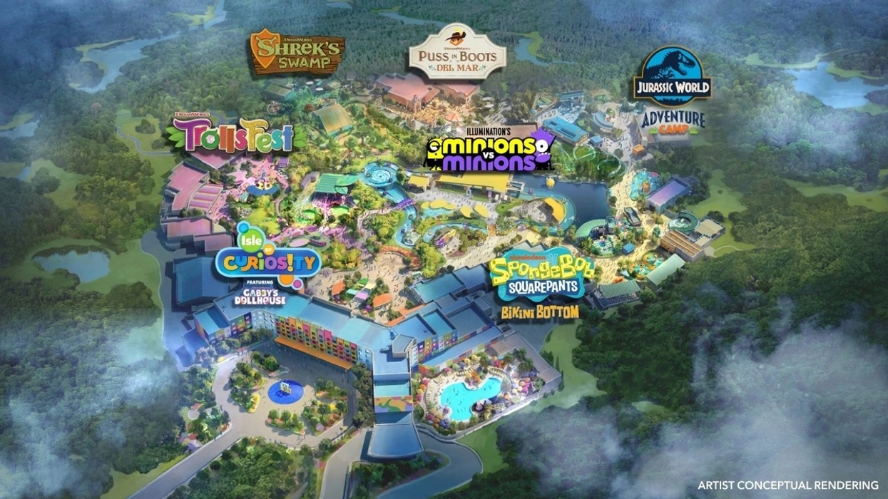 Theme park map for Universal Kids Resort with areas like Shrek's Swamp, Minions, and Jurassic World.
