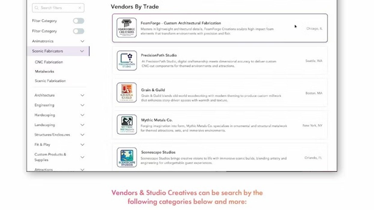 ThemedMasters directory page for scenic fabricators and creative vendors by trade.