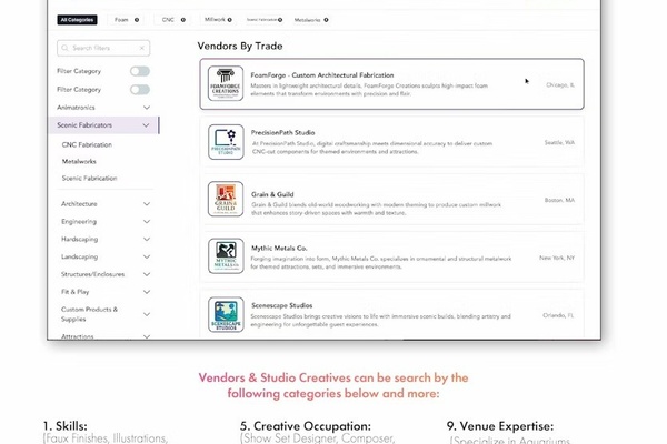 ThemedMasters directory page for scenic fabricators and creative vendors by trade.
