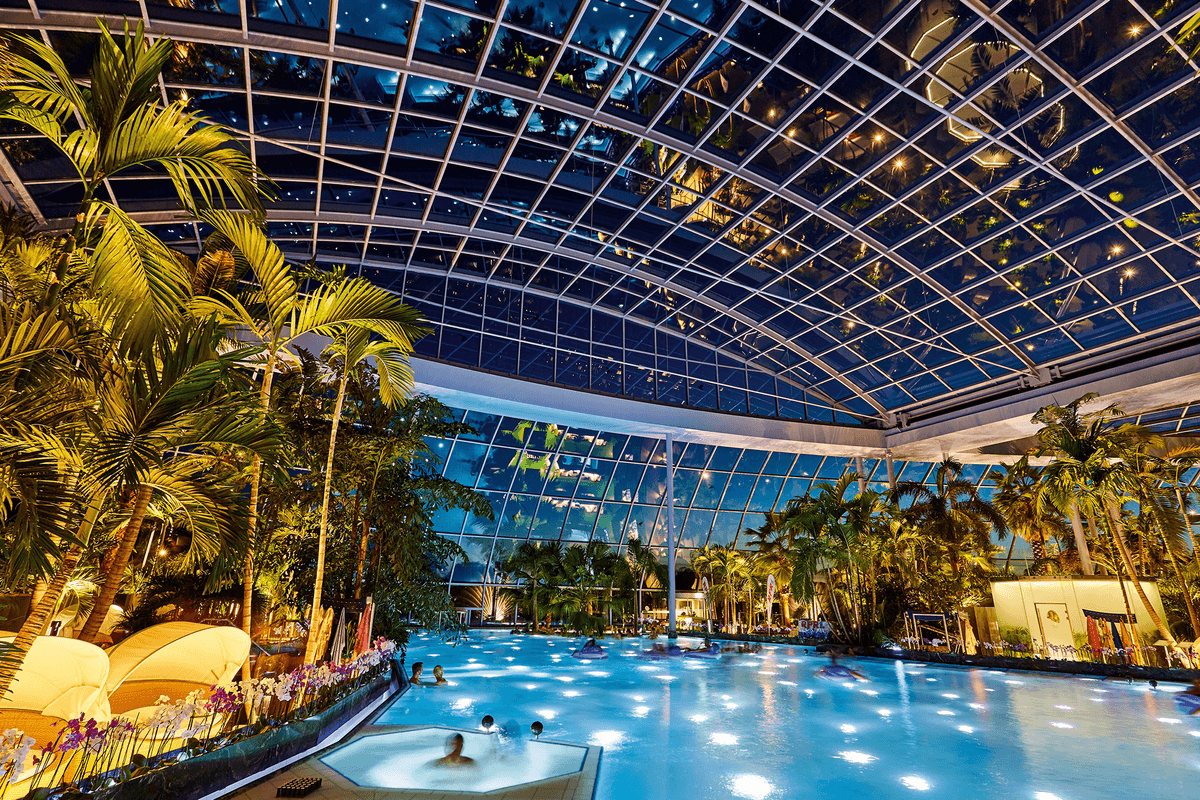 Therme Euskirchen's indoor tropical pool under a glass dome, surrounded by palm trees at night.