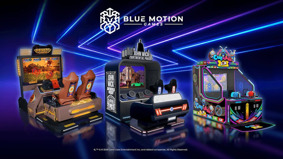 Three arcade game machines\u2014Desert Chase, John Wick, and Candy Ball\u2014under neon lights.