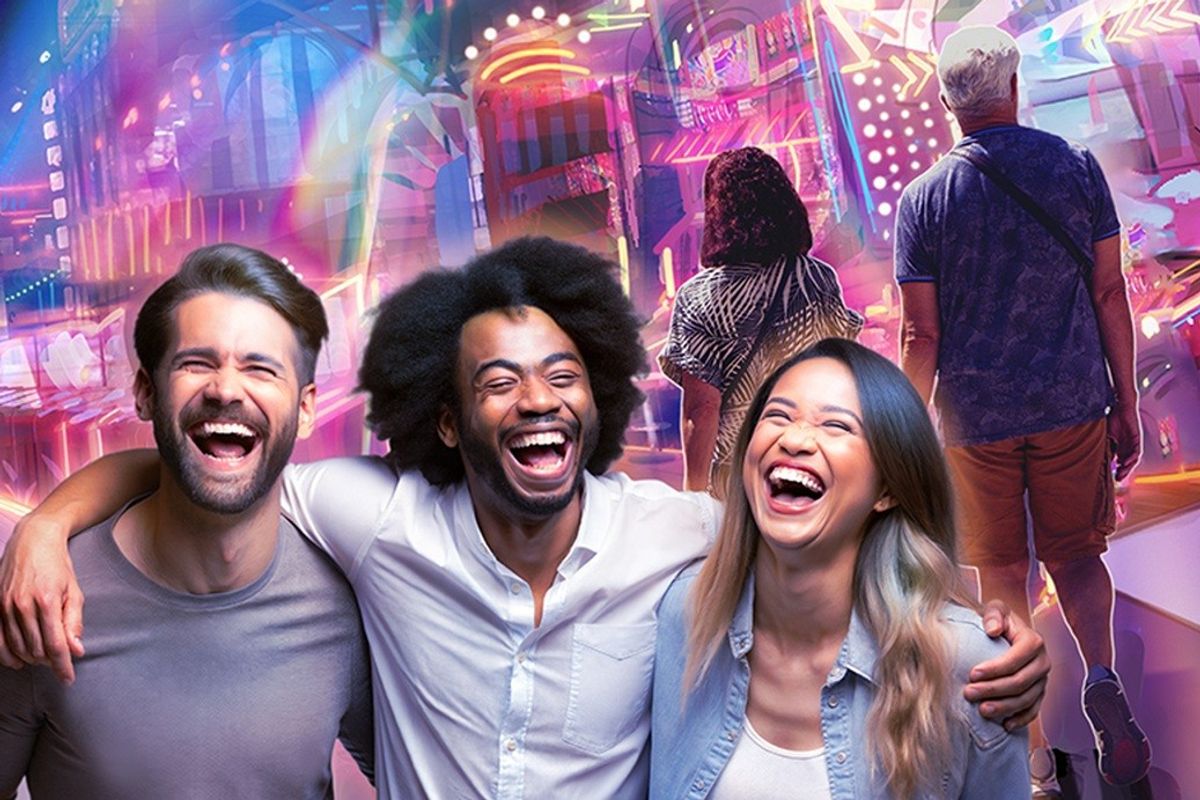 Three friends laughing joyfully in a vibrant, colorful street scene.