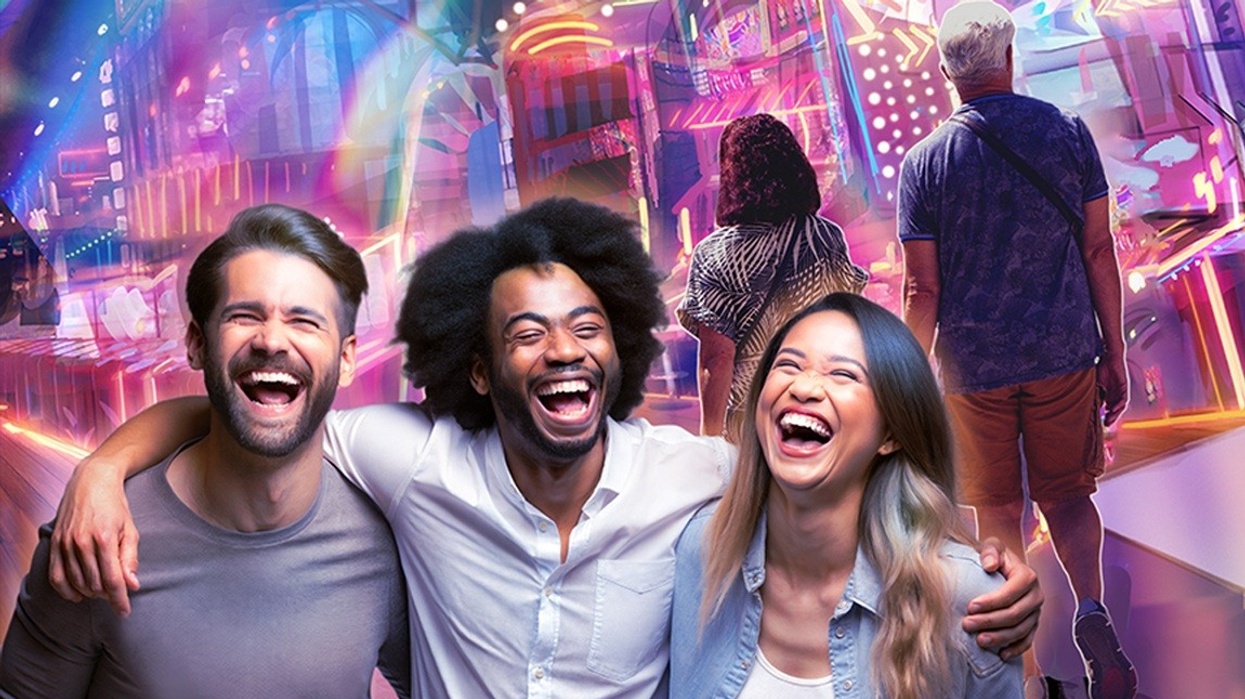 Three friends laughing joyfully in a vibrant, colorful street scene.