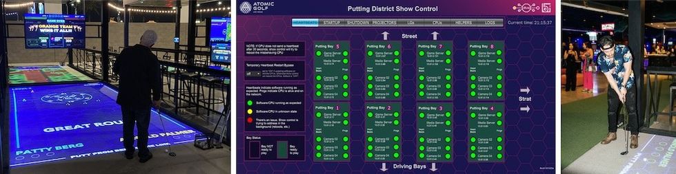 Three images: interactive golf lanes, control screen, and person playing indoor golf.