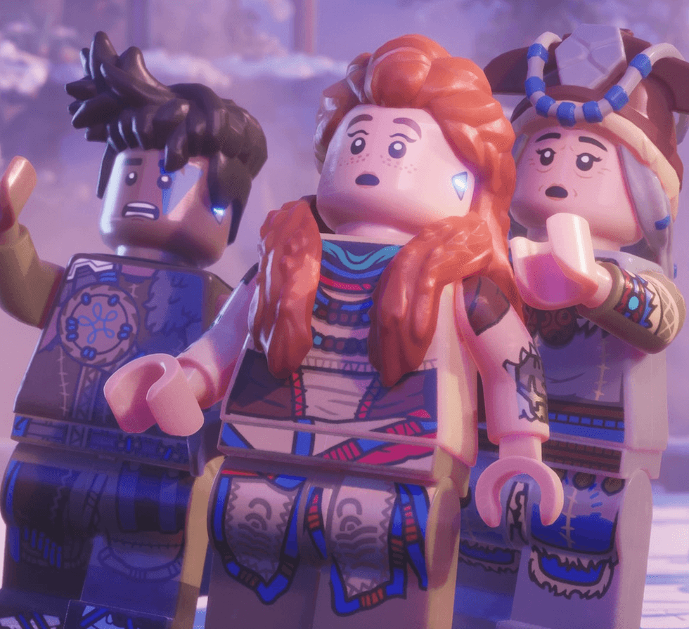 Three LEGO figures look surprised in a snowy environment.