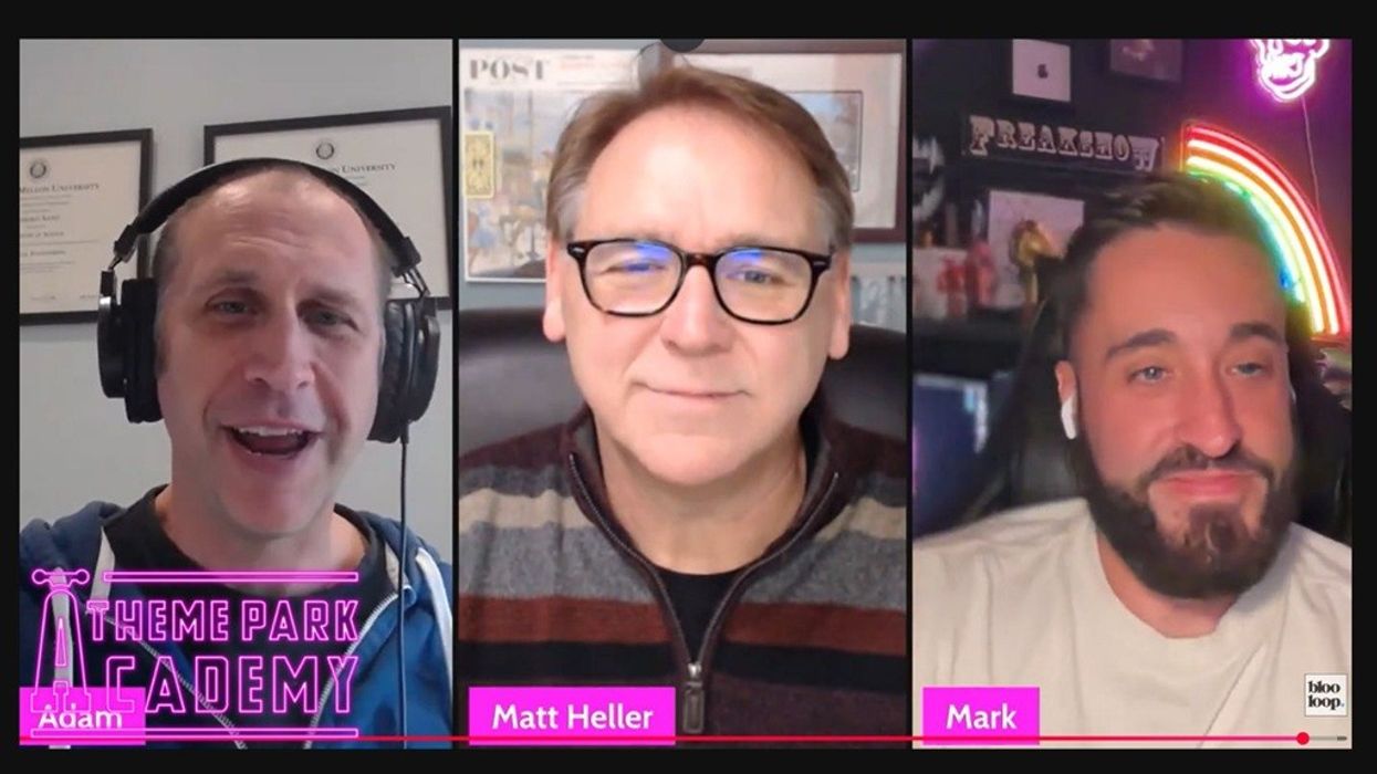 Three men on a video call for "Theme Park Academy" podcast, with colorful backgrounds.