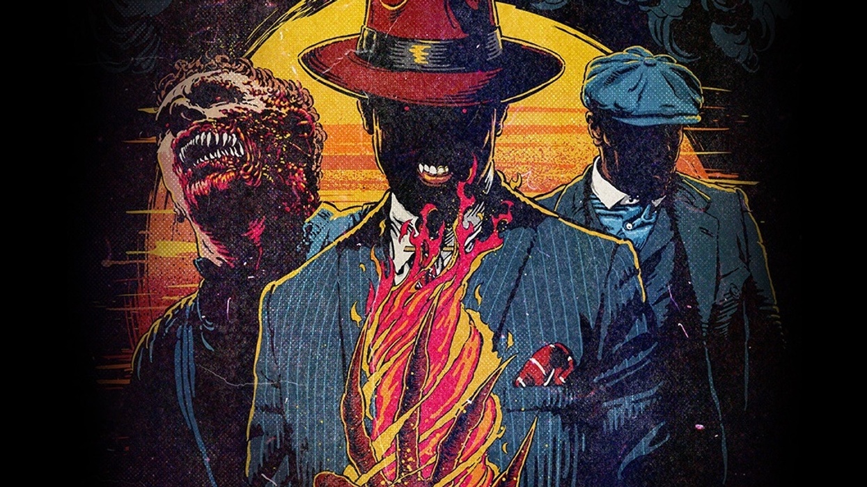 Three ominous figures in suits, one with flames emerging, against a dramatic, dark background.