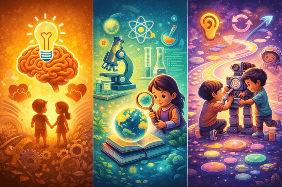 Three panels: kids exploring ideas, science, and robotics with vibrant, whimsical colors.