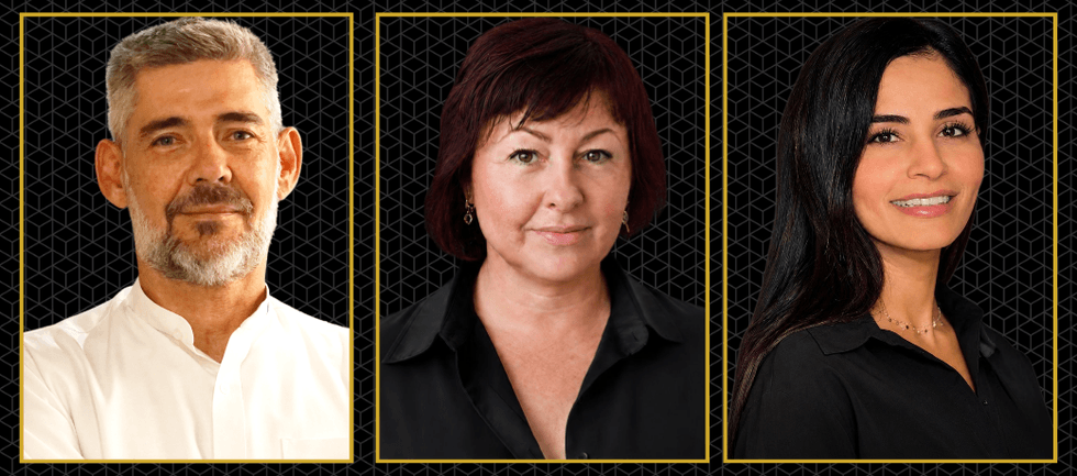 Three people in portrait frames with black and gold borders on a dark geometric background.