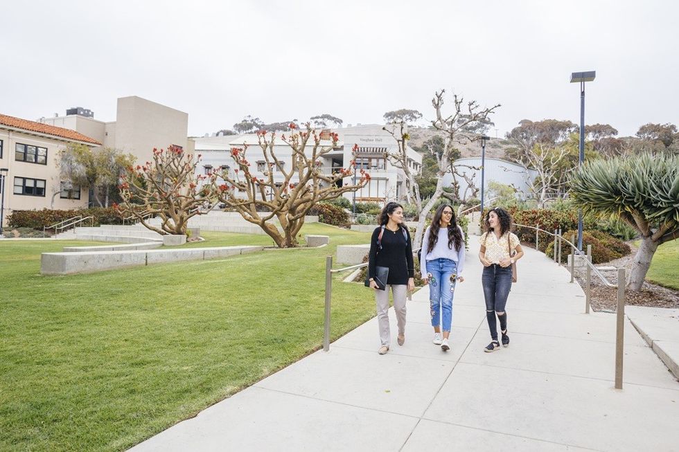 Three people walking on a college campus sidewalk by buildings and trees.