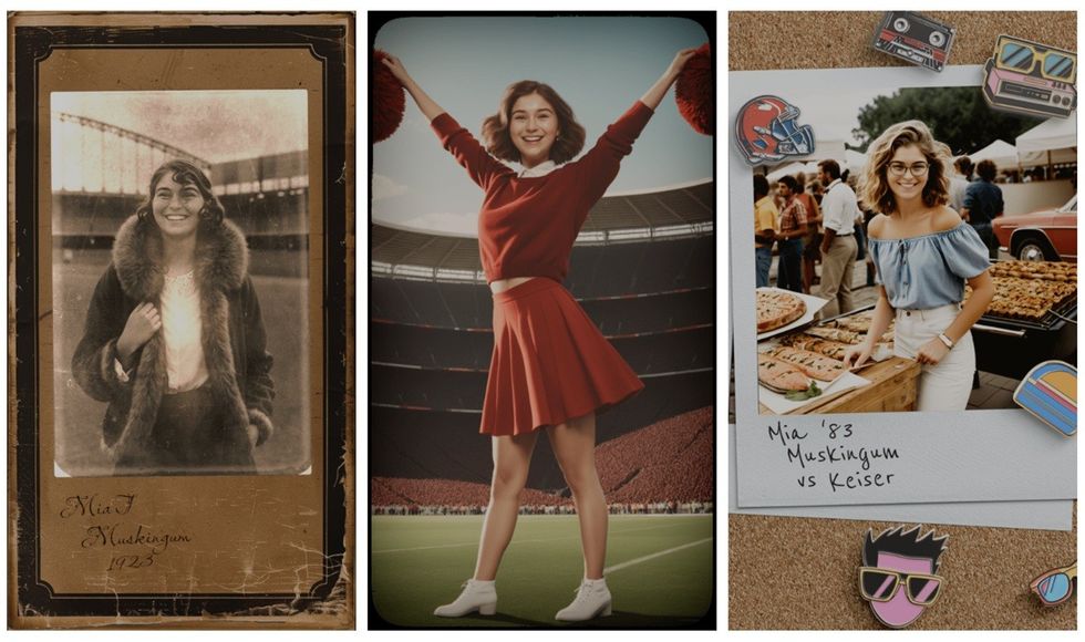 Three photos of women from different eras, showing cheer and a bake sale.