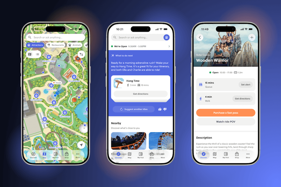 Three smartphone screens display an amusement park app interface.
