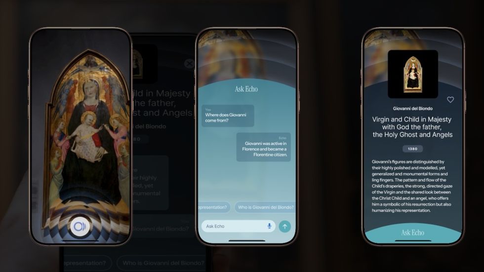 Three smartphones display an art app featuring "Virgin and Child" painting details.
