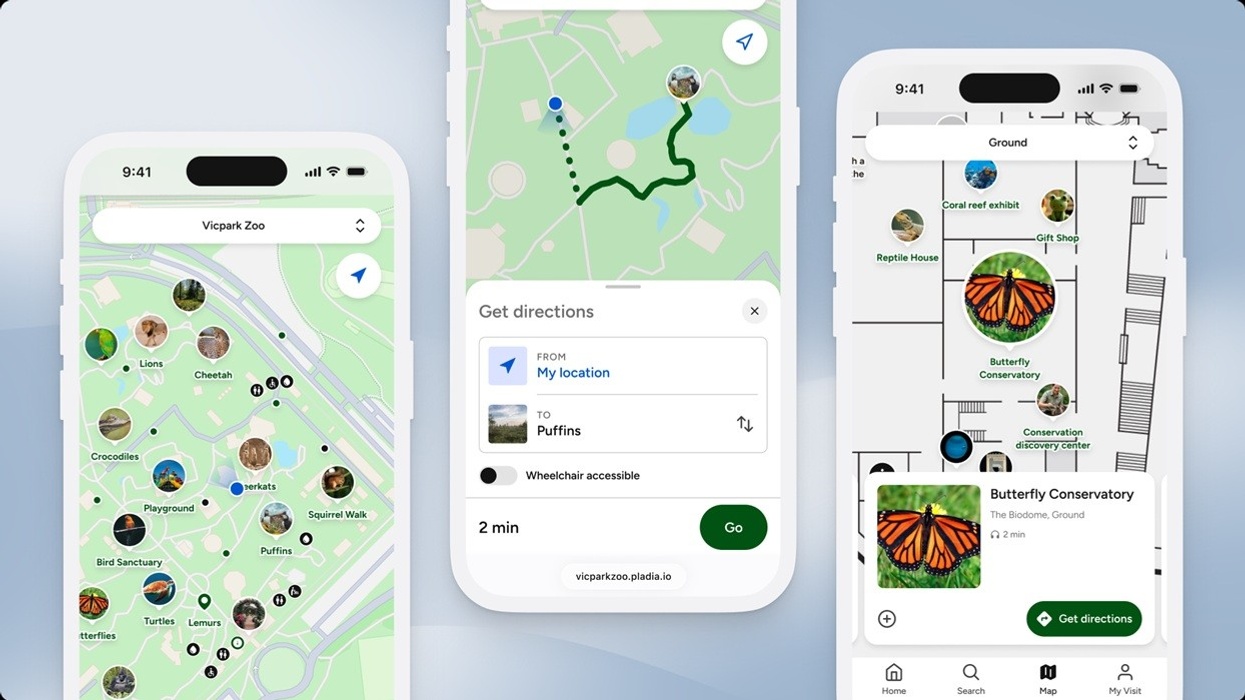 Three smartphones displaying a zoo navigation app interface.