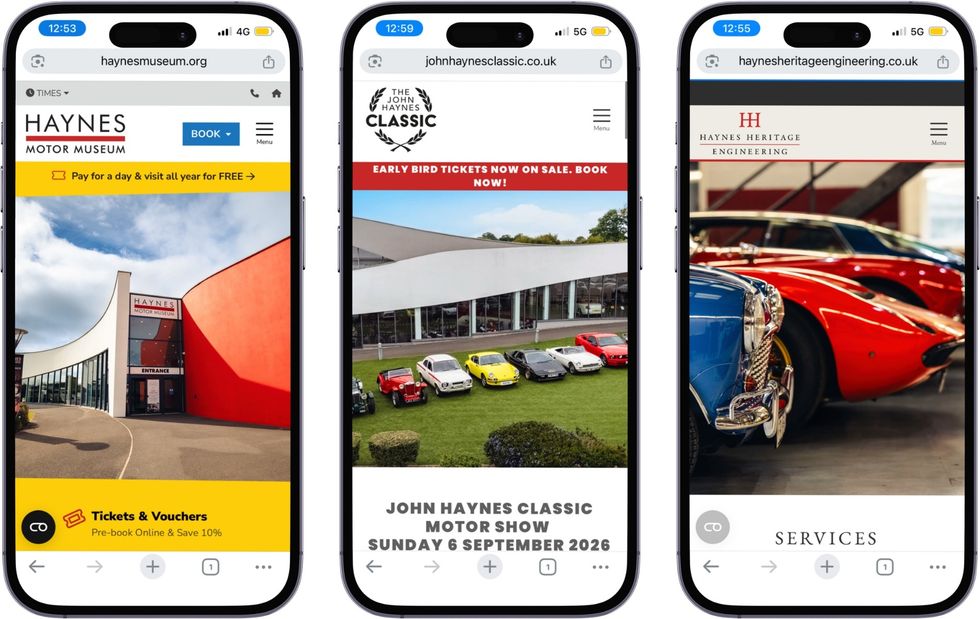Three smartphones displaying different Haynes websites.