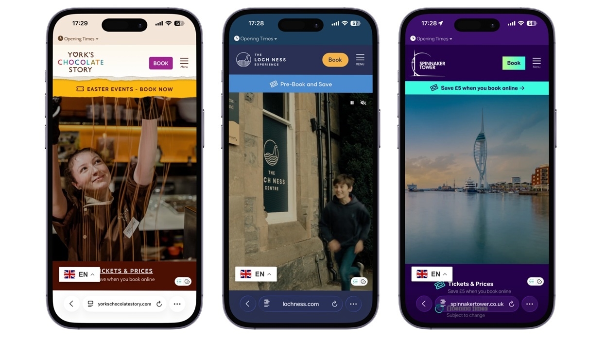 Three smartphones displaying tourism websites for UK attractions.