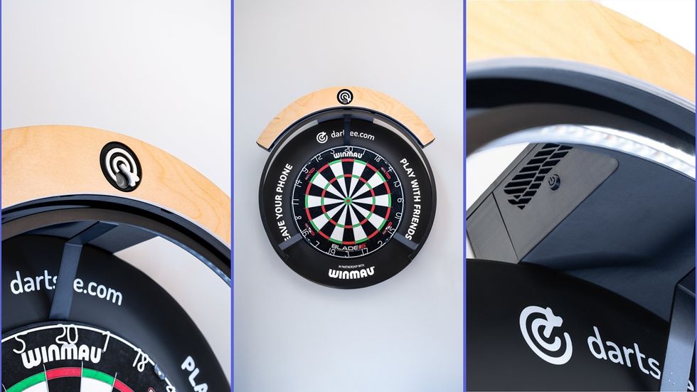 Three views of a wall-mounted electronic dartboard from Dartsee, with a wooden top and black housing.