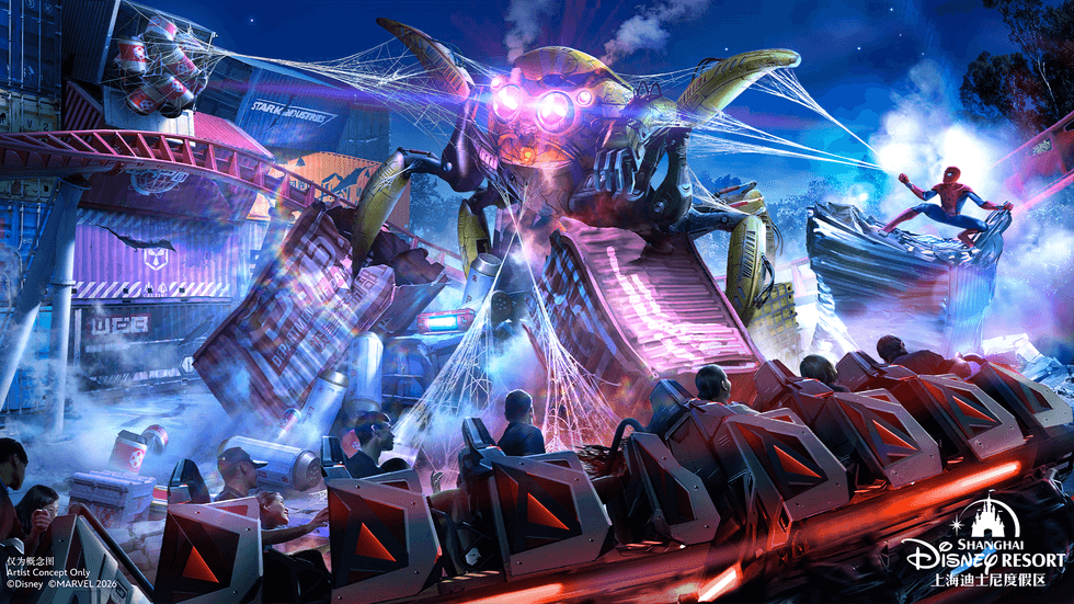 Thrilling ride scene with Spider-Man battling a giant robot at Shanghai Disney Resort
