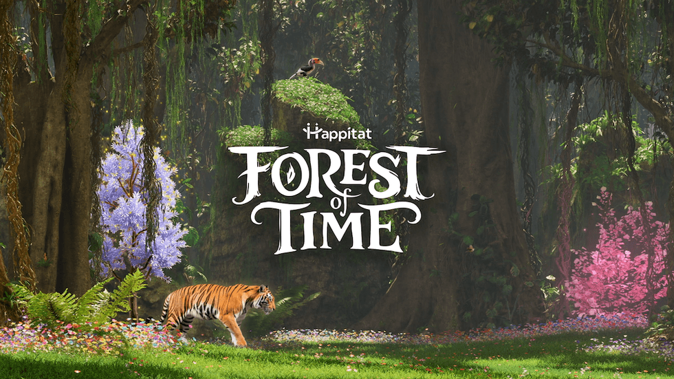 Tiger in a colorful forest with text "Forest of Time."