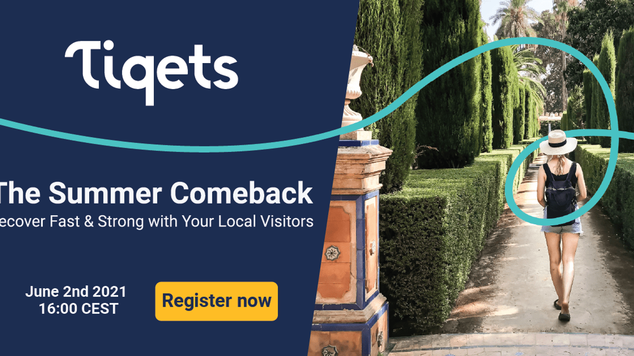 Tiquets Conference "The Summer Comeback" text with woman walking through a garden