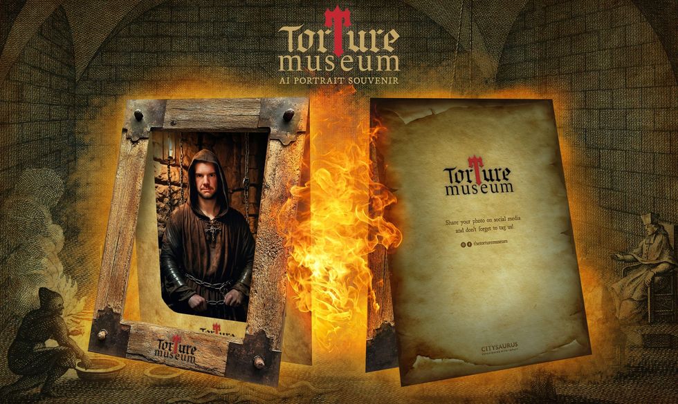 Torture Museum AI Portrait Souvenir with medieval-themed graphics and fiery effects.