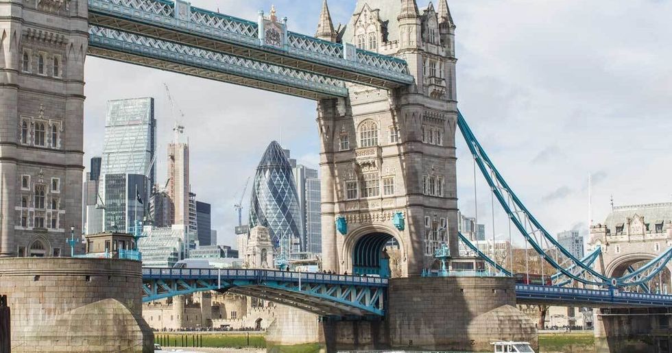 Tower Bridge with London skyline in the background.
