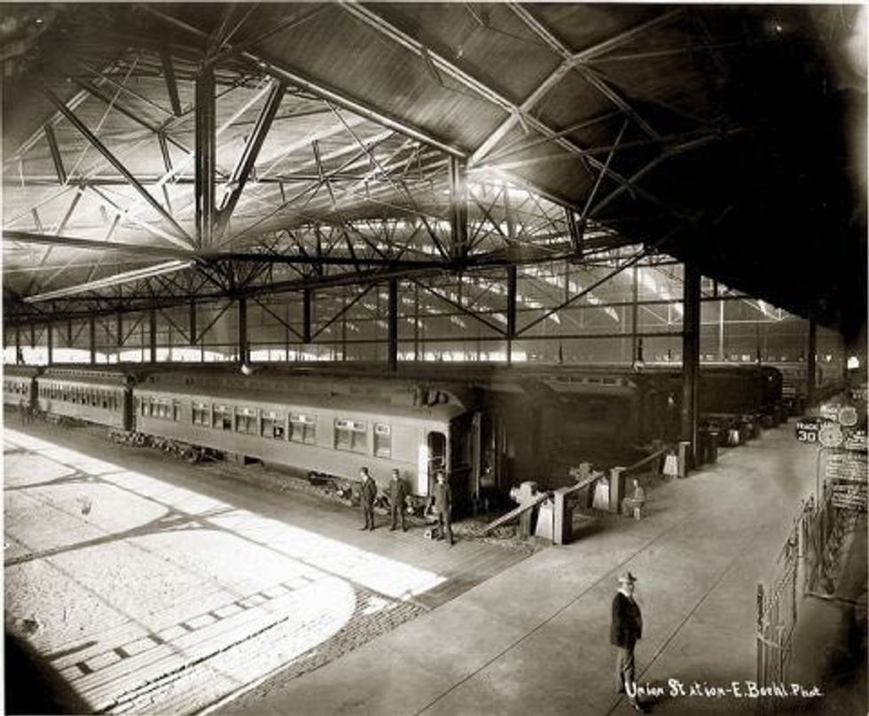 Trains in the train shed at St. Louis Union Station