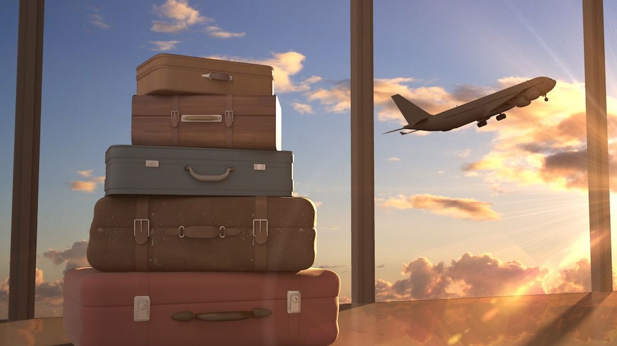 travel bags and airplane in sky