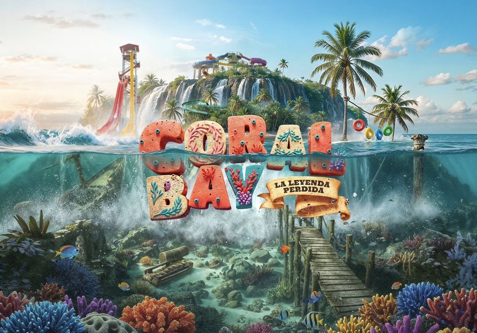 Tropical island scene with waterslides, palm trees, and underwater coral, text reads "Coral Bay".