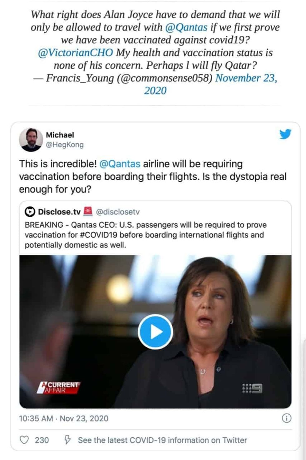 tweets Qantas covid vaccines