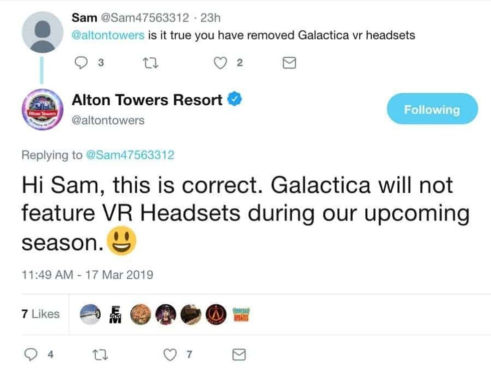 Twitter capture of Alton Towers removing VR on Galactica