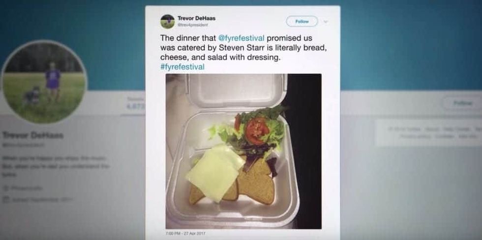 Twitter post featuring the food at Fyre Festival from the Netflix Documentary Fyre