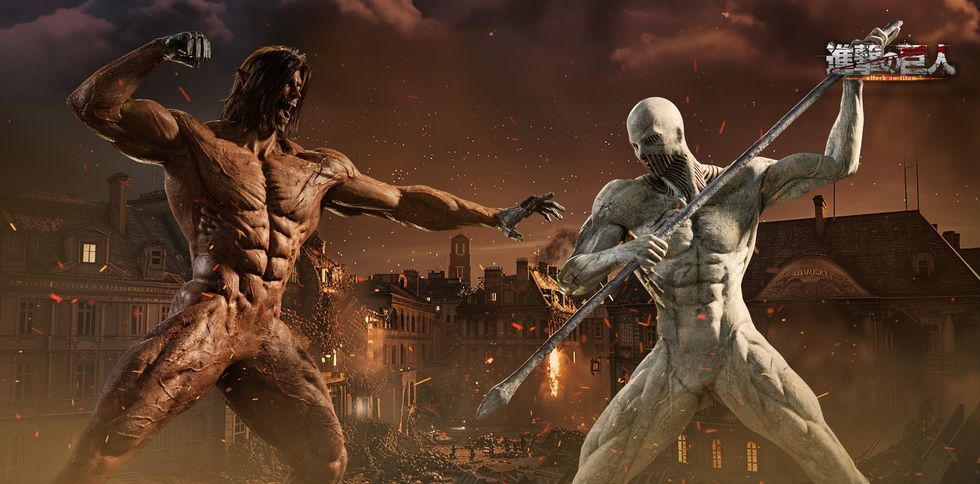 Two armored titans battling amid a burning cityscape at dusk.