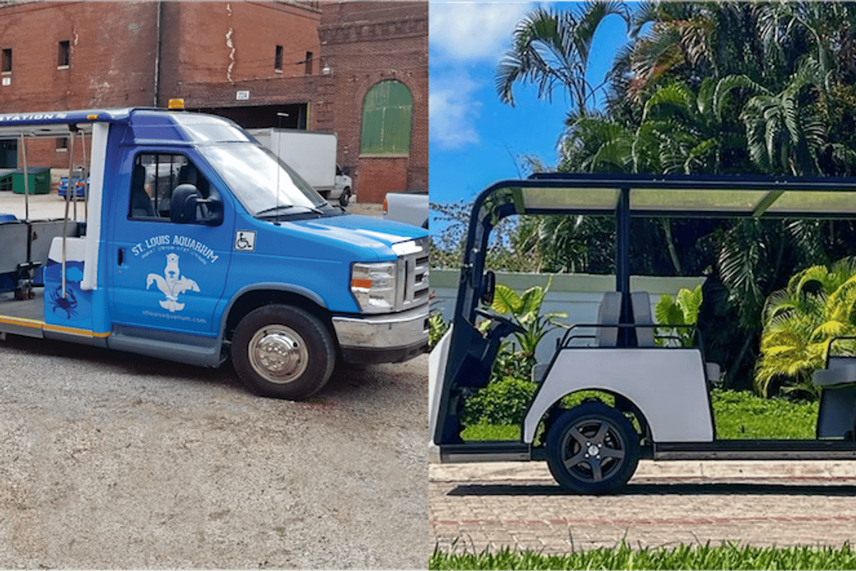 Two blue and white open-air tour buses parked in sunny outdoor settings.