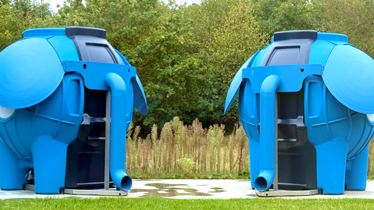 Two blue elephant-shaped structures in a grassy area.
