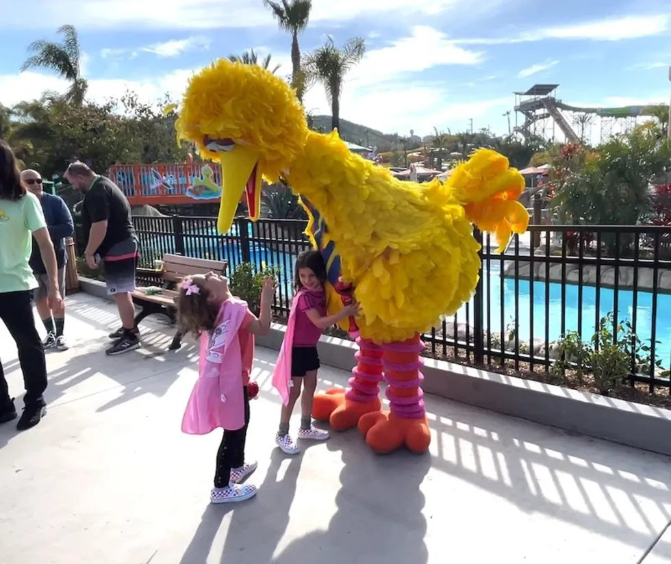 Two children hug a big yellow costume character by a poolside.