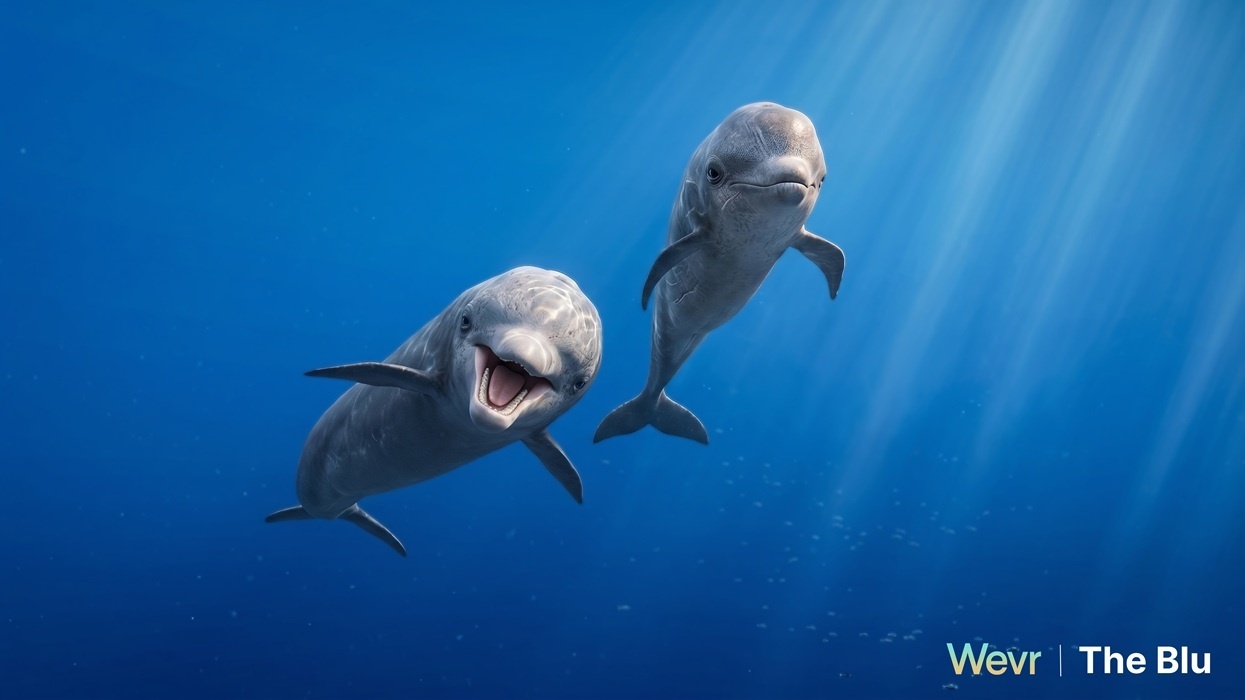 Two dolphins swimming playfully underwater with sunlight streaming through in the VR experience, The Blu: Expedition Taiwan