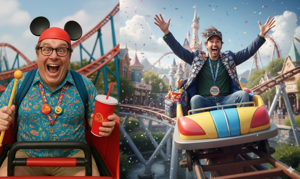 Two excited men on roller coasters, both wearing themed attire and accessories.