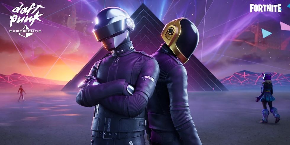Two futuristic, helmeted figures back to back with a pyramid in the background.