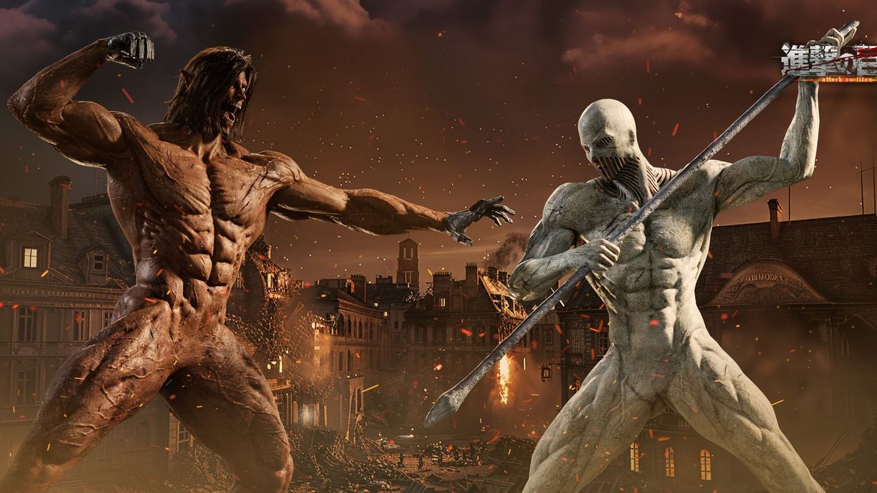 Two giant humanoid figures face off in a fiery, destroyed cityscape.